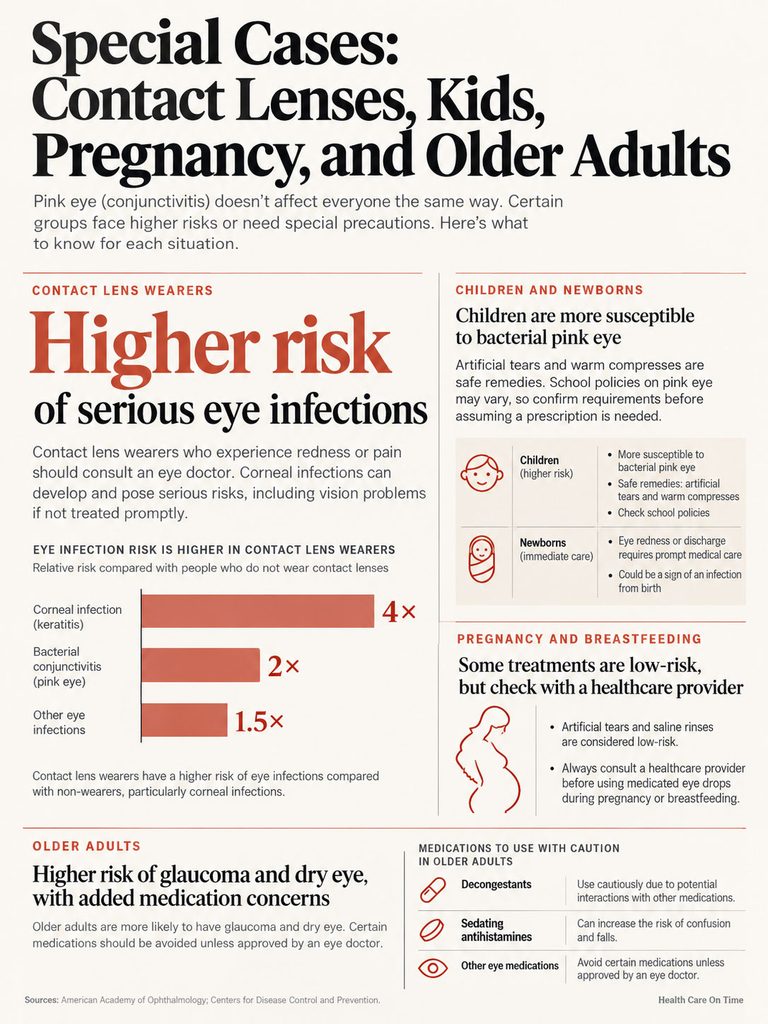 Infographic showing special cases of pink eye risks for contact lens wearers, children, pregnant women, and older adults.