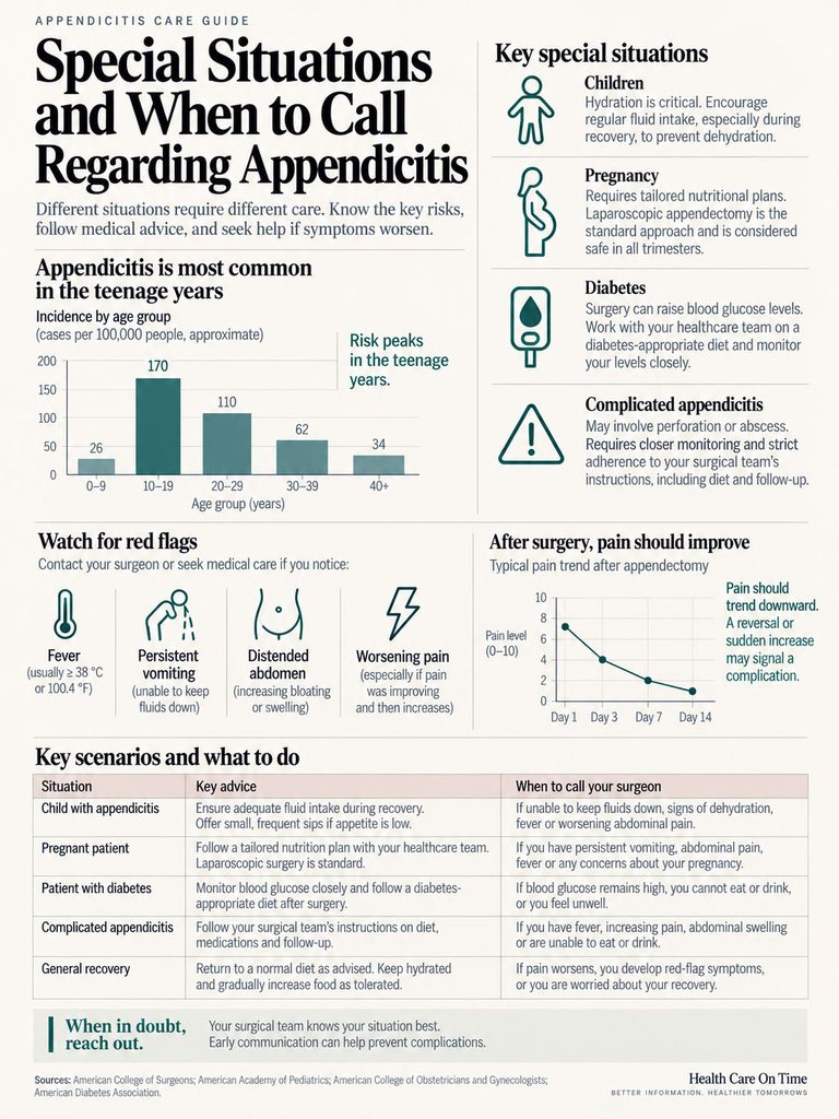 Infographic on appendicitis care, showing age incidence, key situations, red flags, and recovery advice.