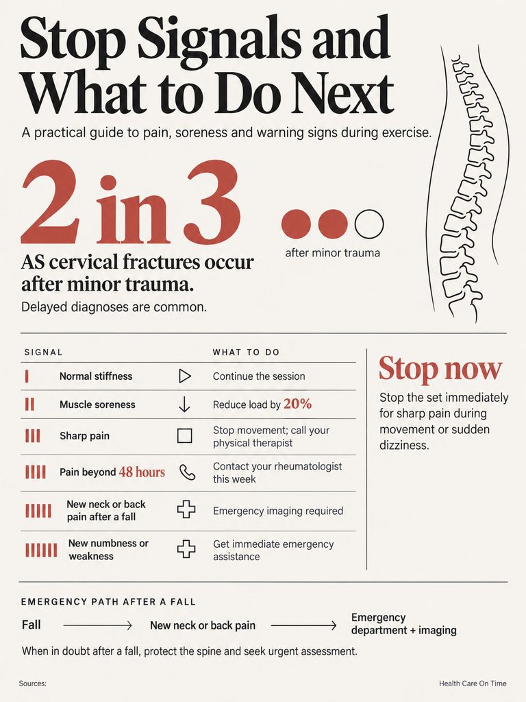 Infographic detailing stop signals during exercise, including pain types and recommended actions.