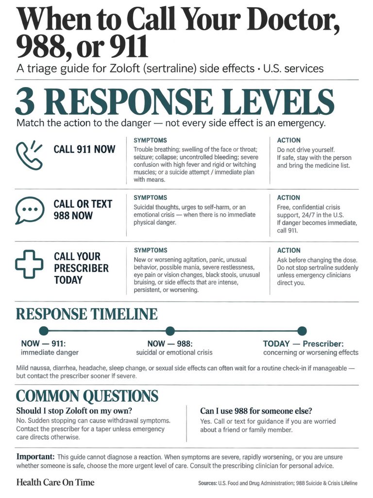 Infographic detailing when to call 911, 988, or a prescriber for Zoloft side effects, with response levels and actions.