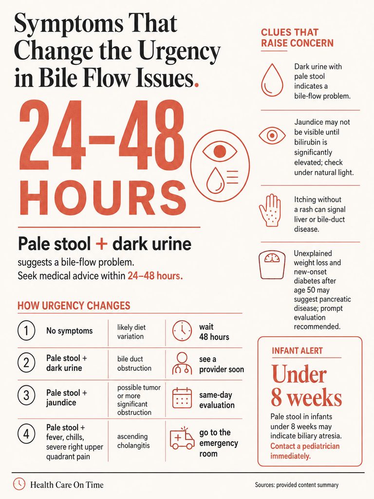 Infographic showing symptoms of bile flow issues, urgency changes, and infant alert details.