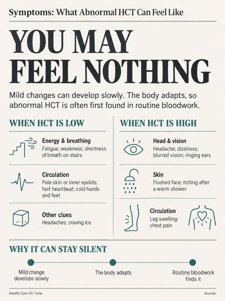 Infographic showing symptoms of abnormal HCT levels, including low and high HCT signs and why it can stay silent.