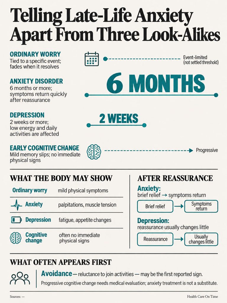 Infographic comparing ordinary worry, anxiety disorder, and depression with timelines and symptoms.