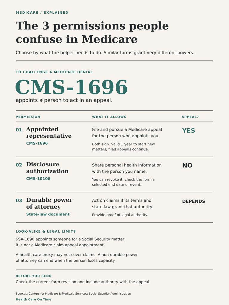 Infographic explaining three Medicare permissions: appointed representative, disclosure authorization, and durable power of attorney.