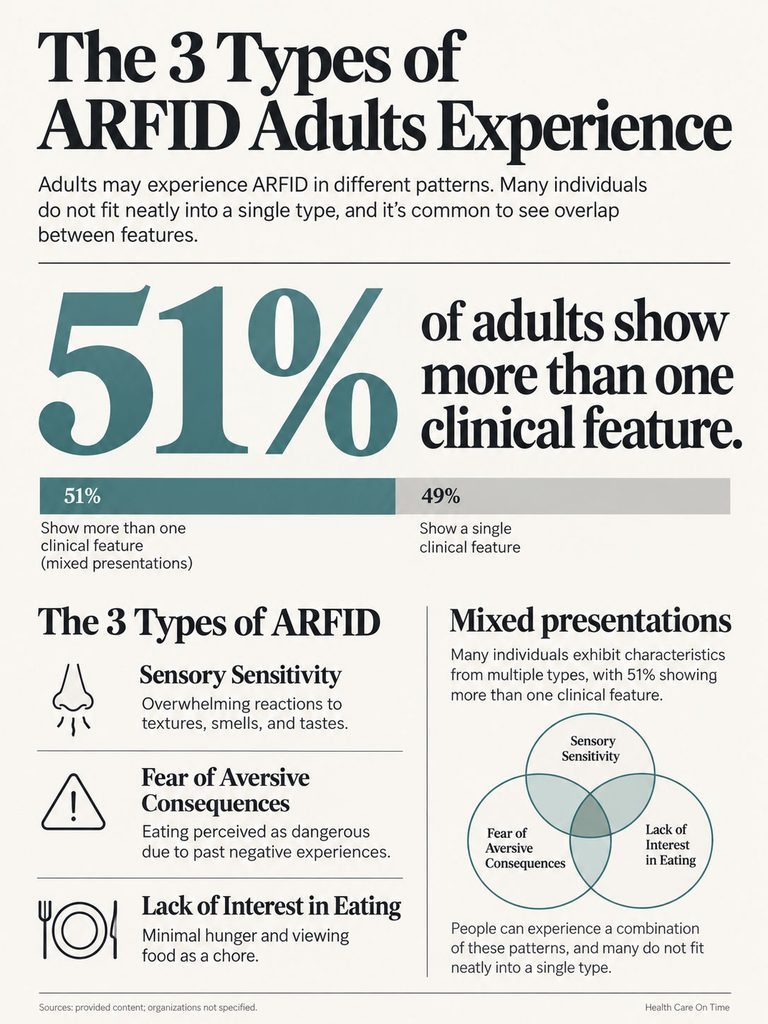 Infographic showing the 3 types of ARFID in adults with statistics and descriptions of each type.