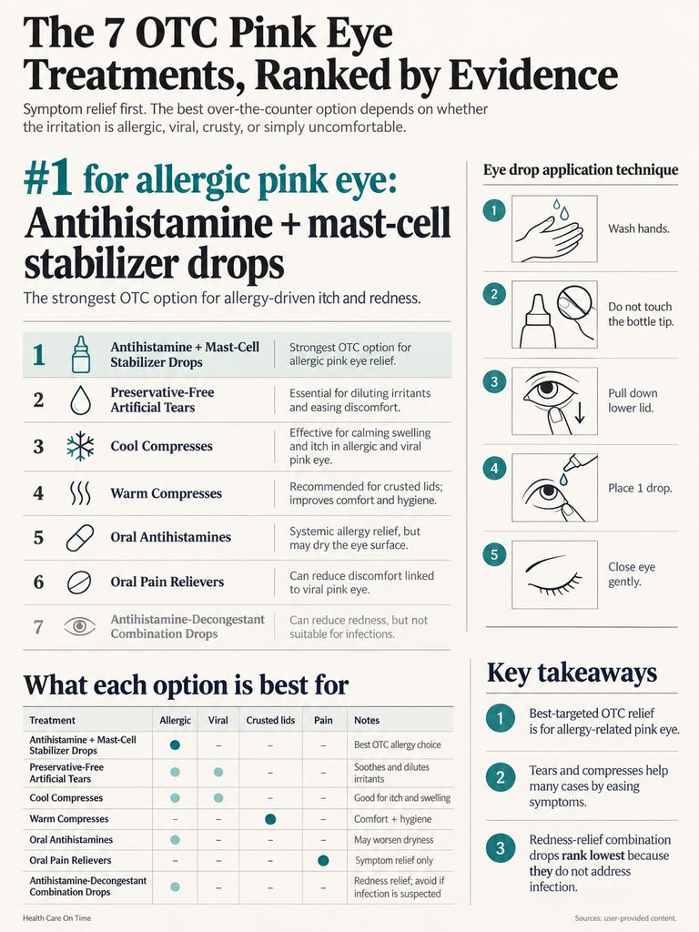 Infographic ranking 7 OTC pink eye treatments with charts, icons, and application techniques for relief.