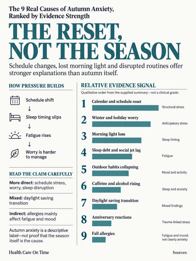 Infographic showing 9 causes of autumn anxiety, including schedule shifts and holiday worry, with evidence rankings.