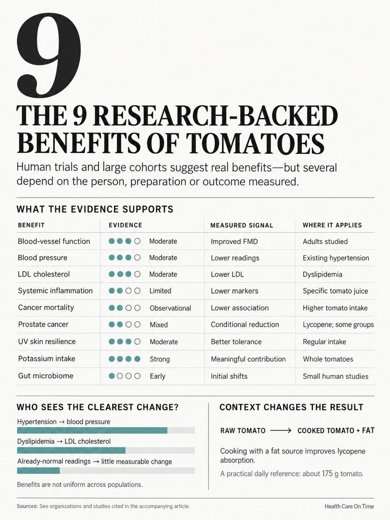 Infographic detailing 9 research-backed benefits of tomatoes, including evidence and measured signals for each benefit.
