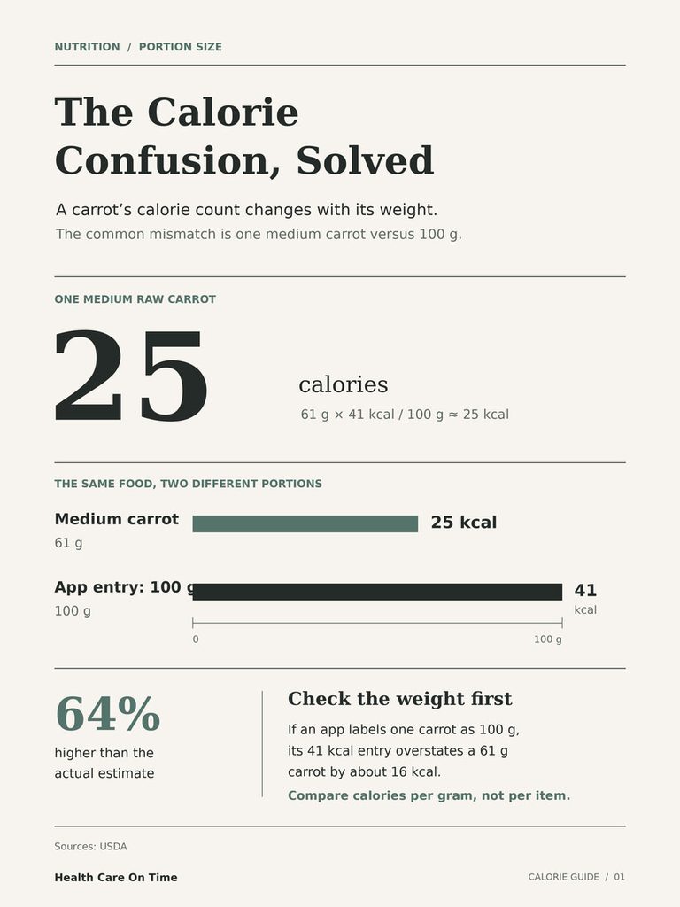 Infographic explaining calorie differences in a medium carrot versus 100 grams, showing 25 calories for 61g carrot.