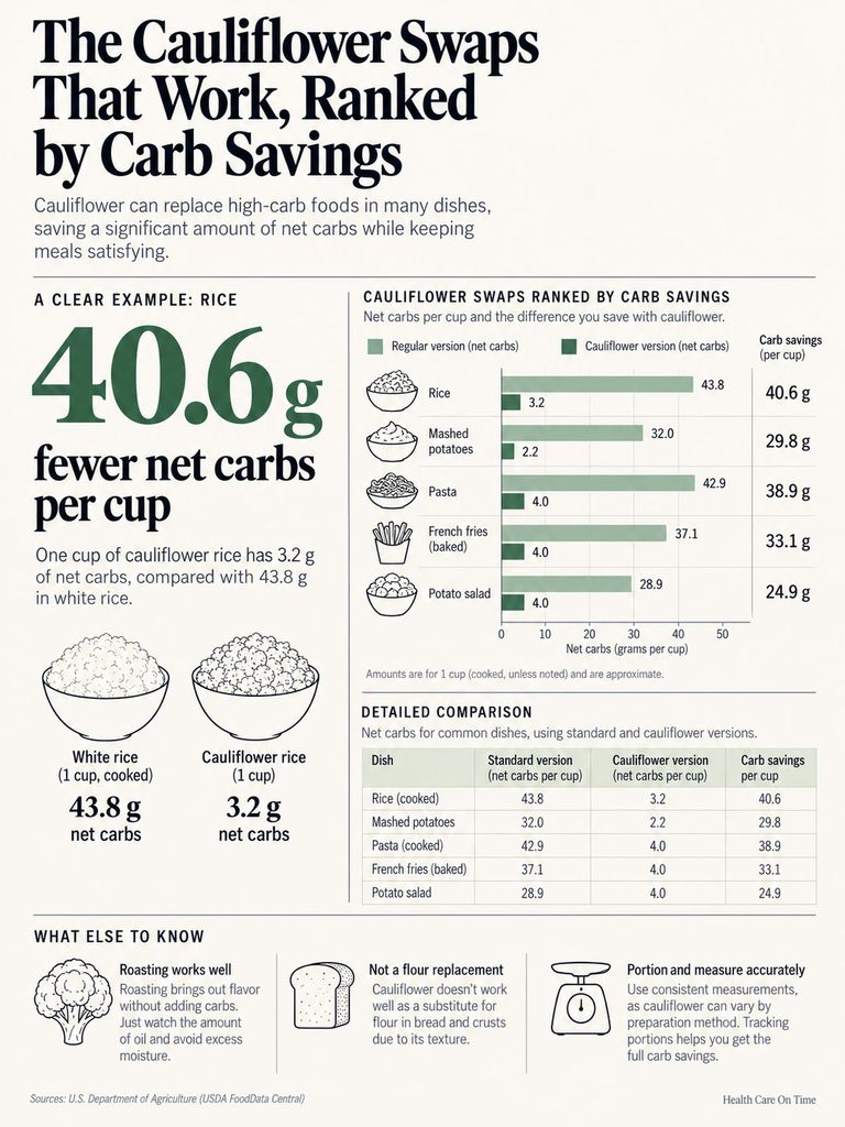 Infographic comparing net carbs in cauliflower and high-carb foods, showing significant savings per cup.