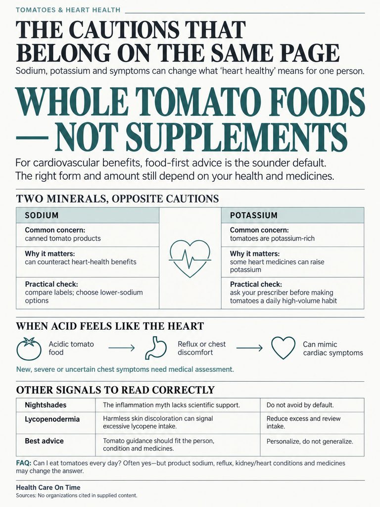 Infographic showing cautions about sodium and potassium in tomato foods for heart health, including practical checks and advice.