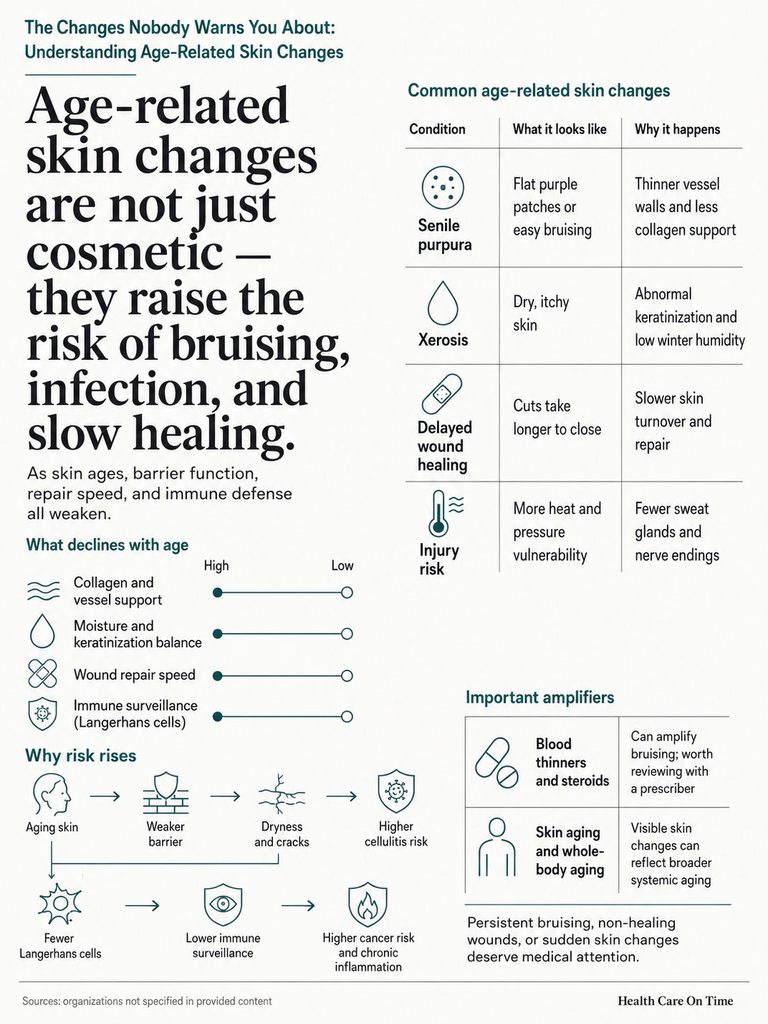Infographic explaining age-related skin changes, including conditions like senile purpura and xerosis.