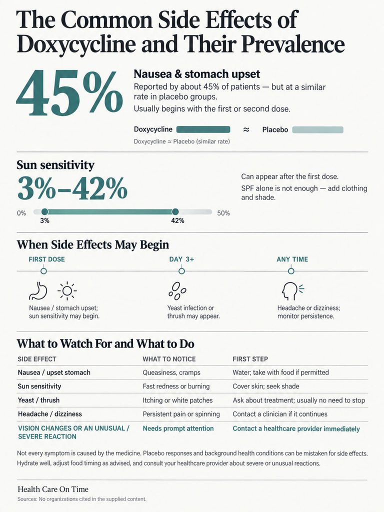 Infographic showing common side effects of Doxycycline, including statistics and recommendations for patients.