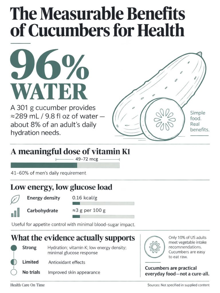 Infographic showing benefits of cucumbers, including water content, vitamin K, and low glucose load statistics.