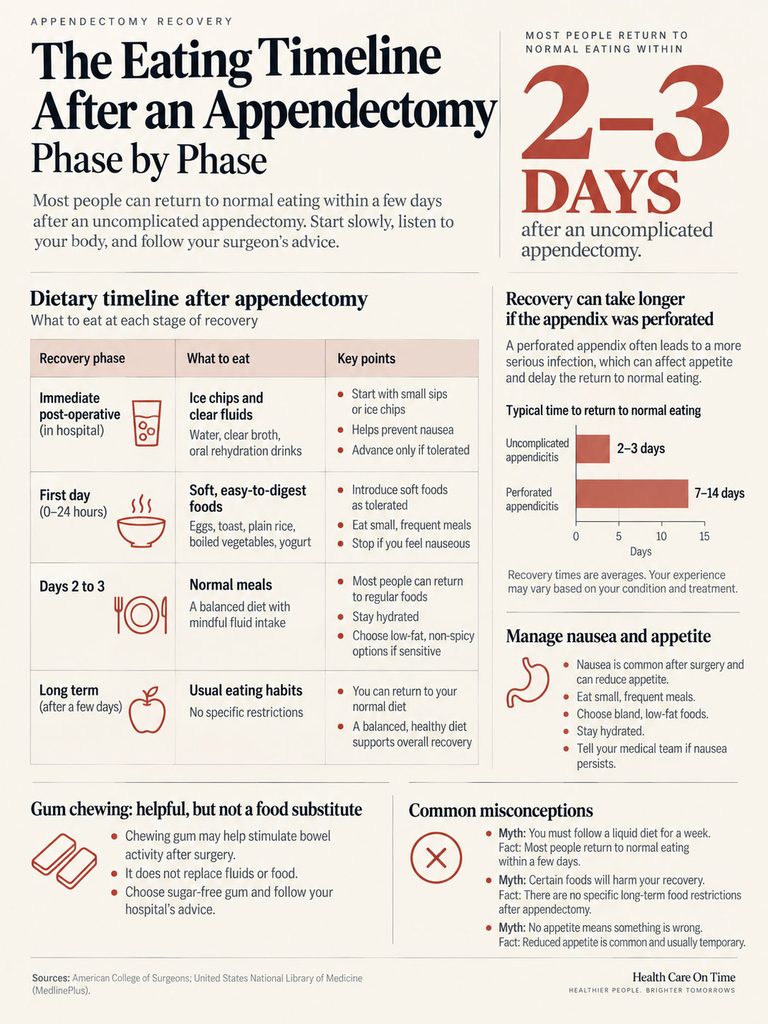 Infographic detailing the eating timeline after an appendectomy, showing recovery phases, dietary recommendations, and key points.