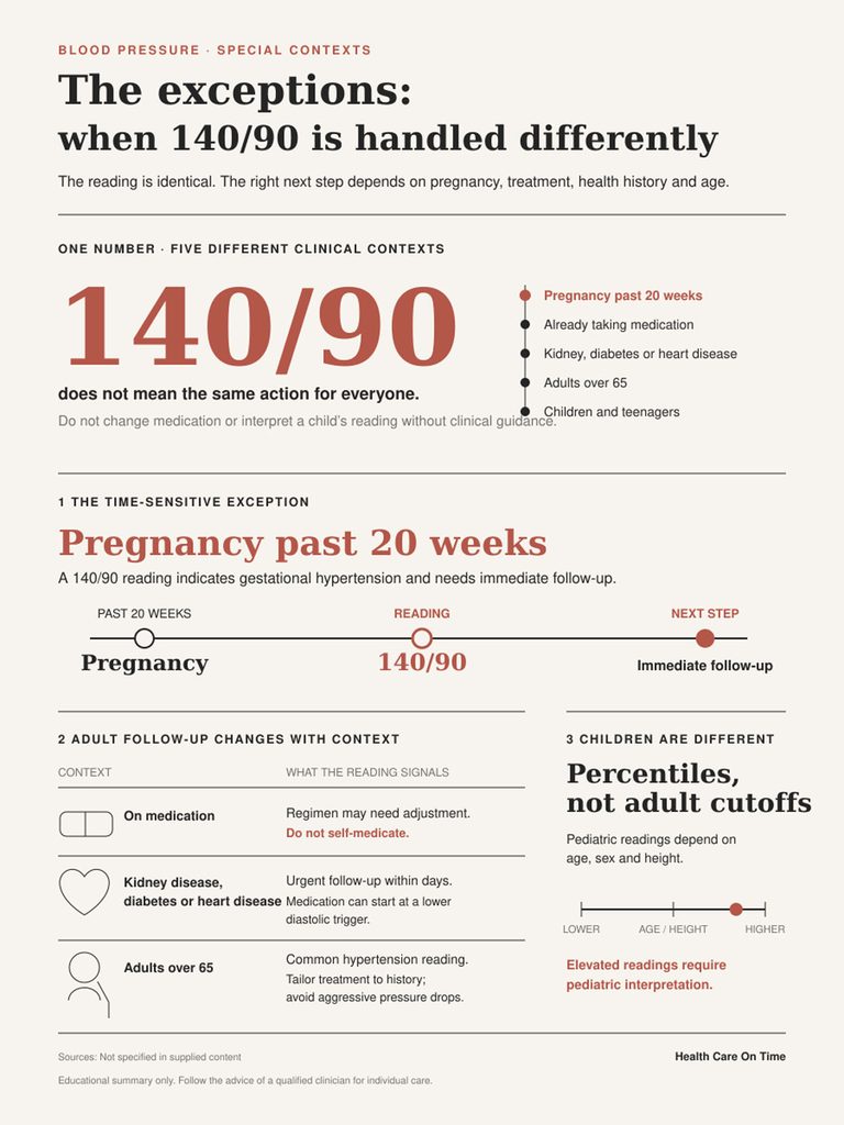 Infographic explaining blood pressure exceptions for 140/90 readings in different clinical contexts.