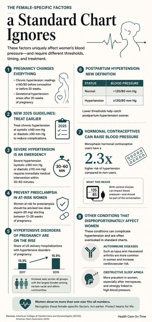 Infographic showing female-specific factors affecting blood pressure, including pregnancy, hypertension, and treatment guidelines.