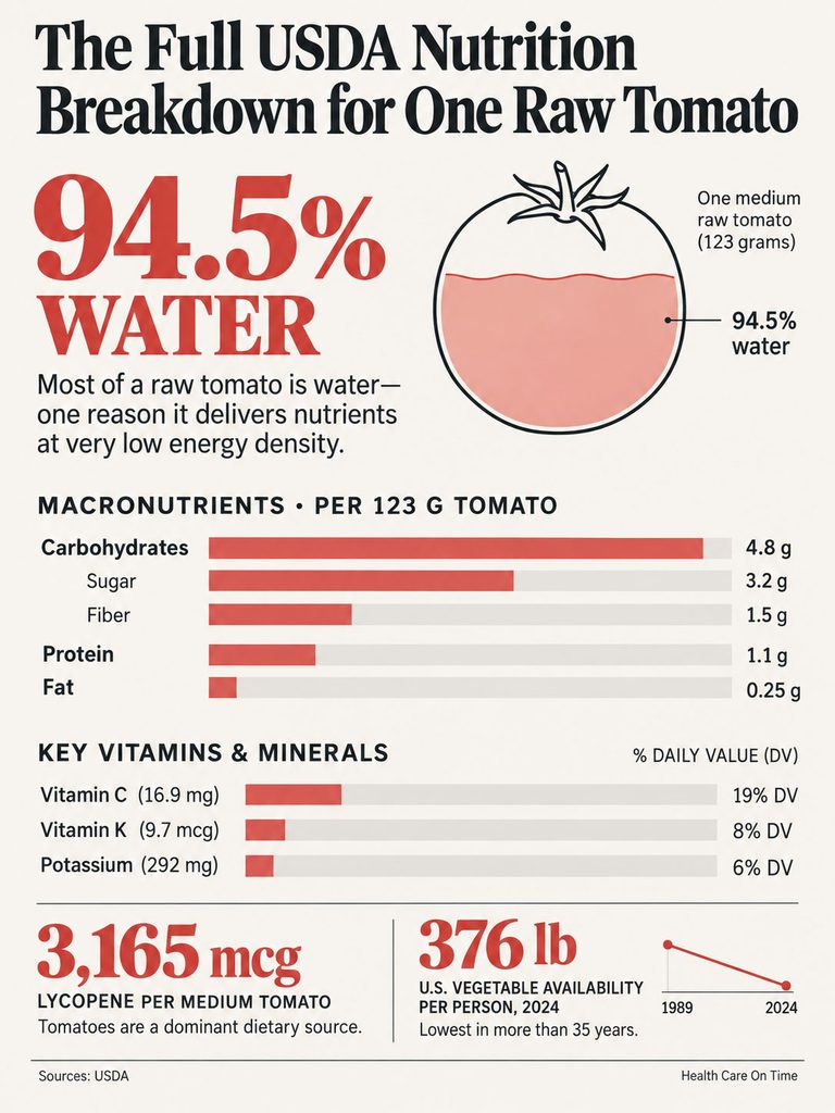 Infographic showing USDA nutrition breakdown for one raw tomato, highlighting water content and nutrients.
