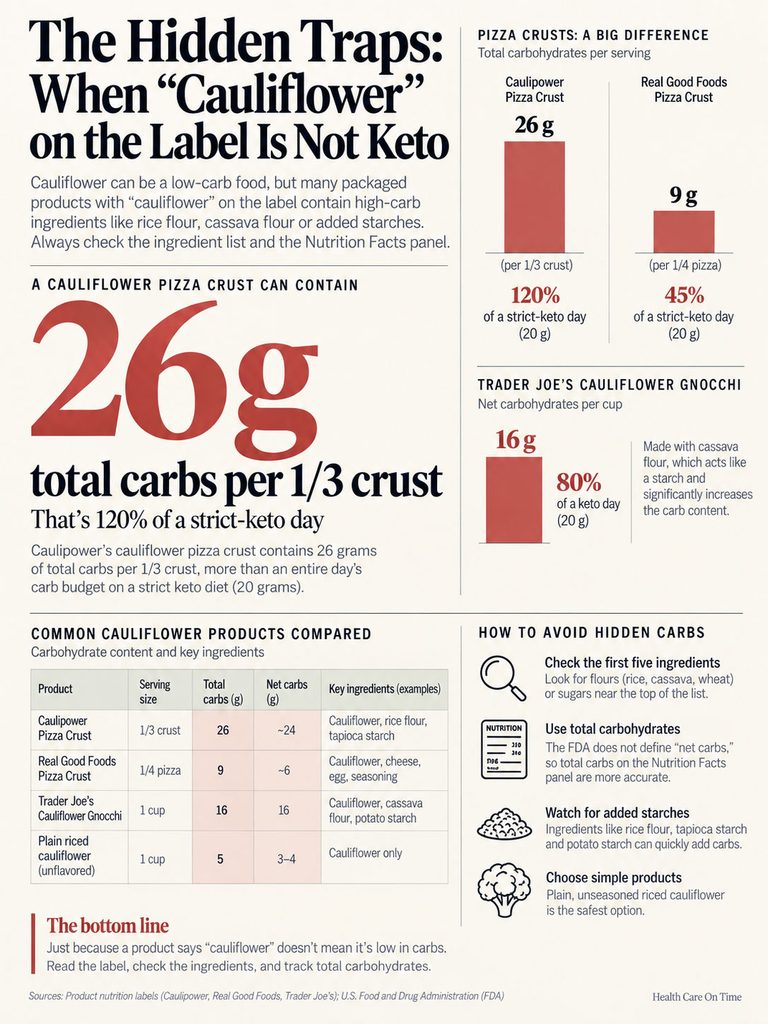Infographic showing hidden carbs in cauliflower products, including pizza crusts and gnocchi with data and tips.