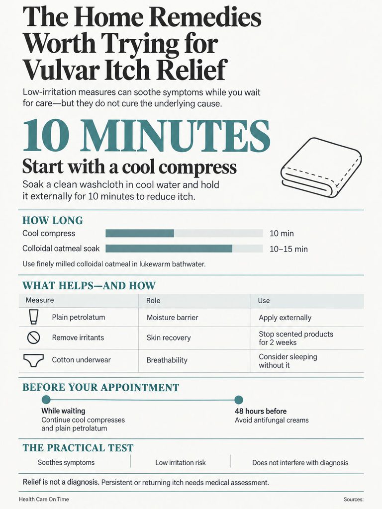 Infographic on home remedies for vulvar itch relief, featuring cool compress and colloidal oatmeal soak instructions.