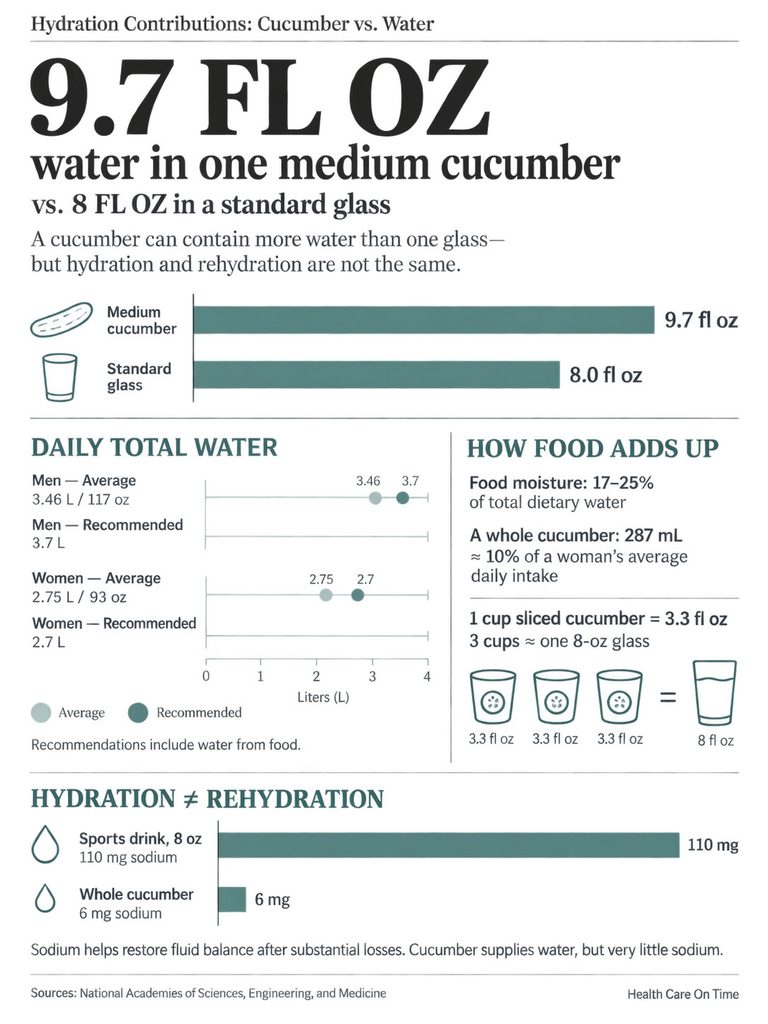 Infographic comparing hydration contributions of a medium cucumber and a standard glass of water, showing 9.7 fl oz vs. 8 fl oz.