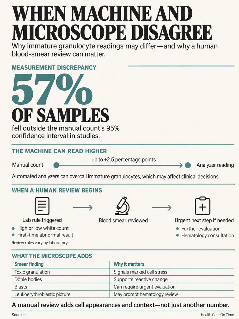 Infographic explaining discrepancies in immature granulocyte readings between machines and manual counts, highlighting key statistics and processes.