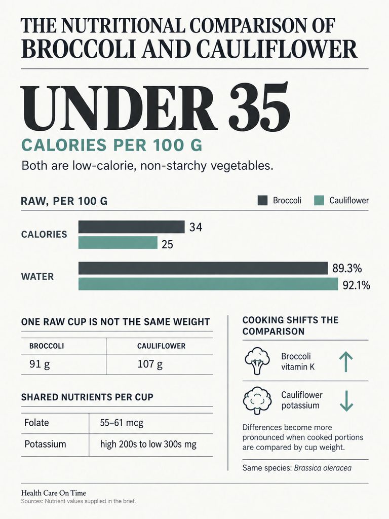 Nutritional comparison of broccoli and cauliflower showing calories, water content, and nutrients per cup. Infographic.