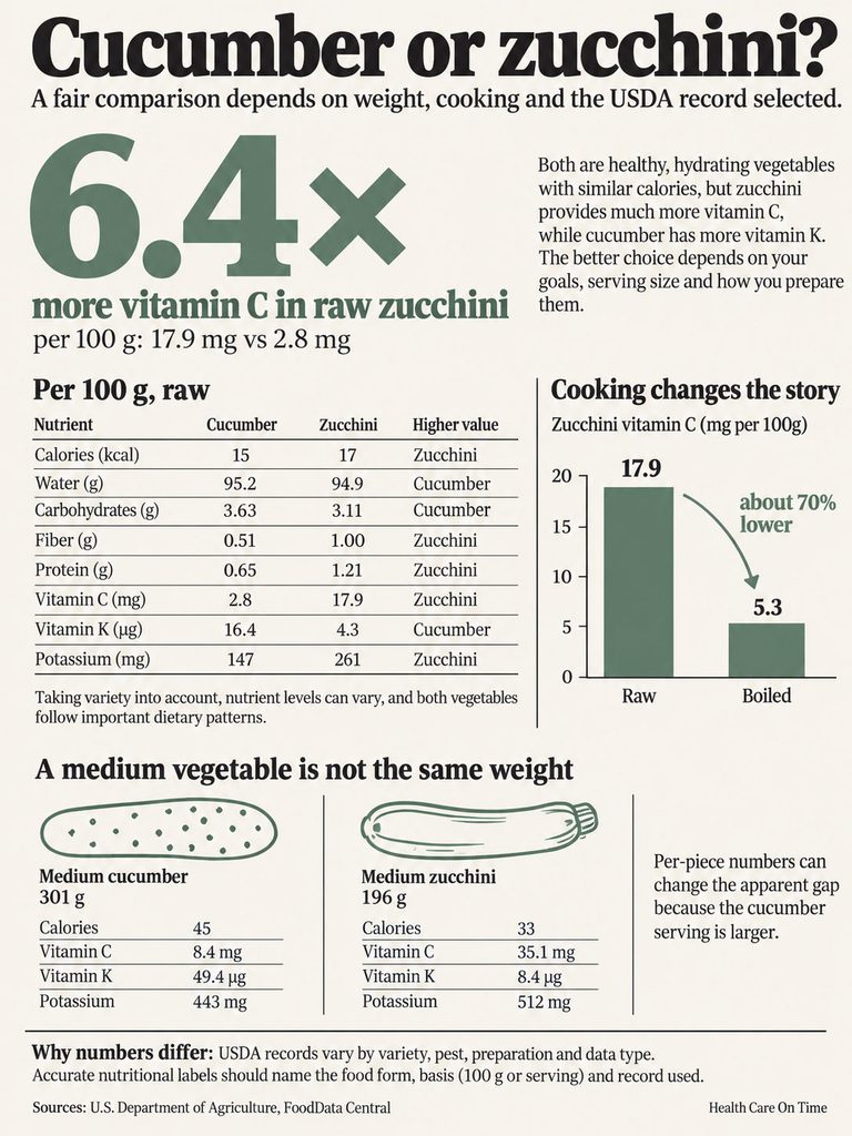 Infographic comparing vitamin C content in cucumber and zucchini, showing nutrient values and charts for raw and boiled vegetables.