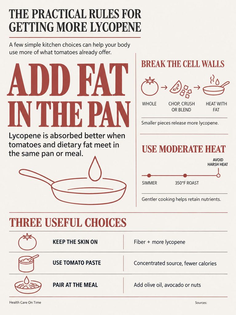 Infographic showing rules for increasing lycopene from tomatoes with tips on cooking methods and choices.