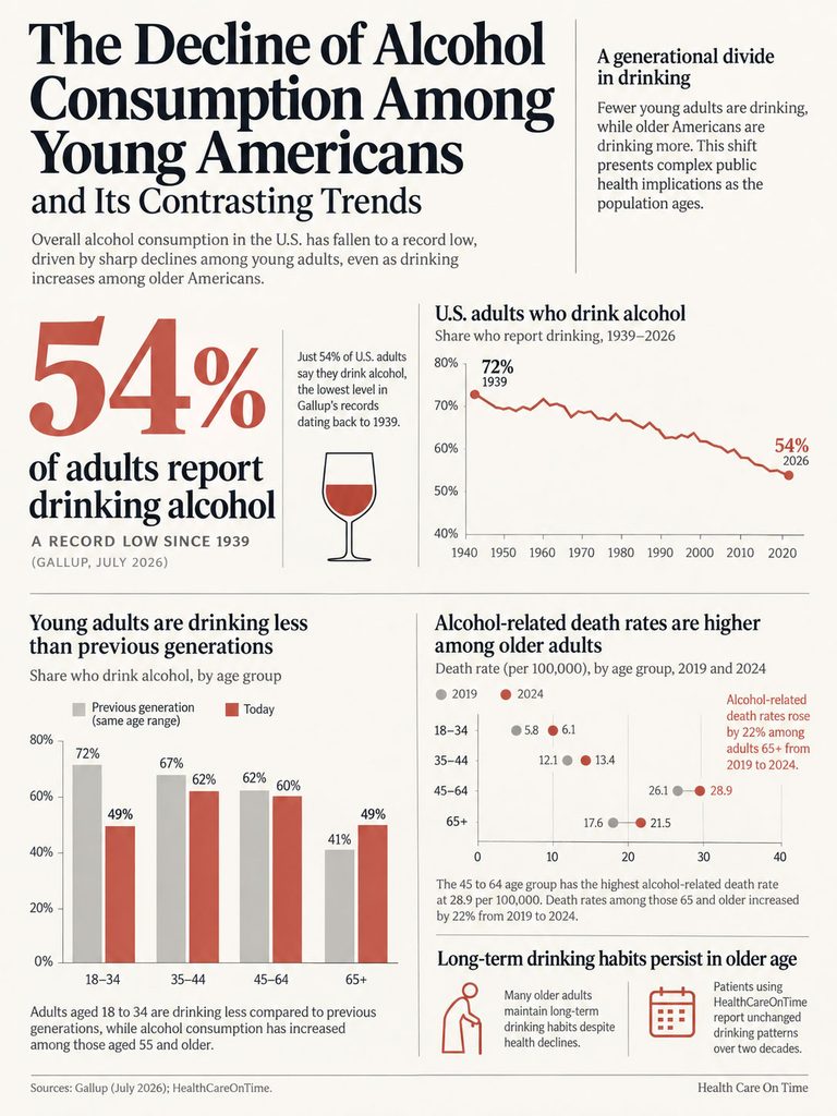 Infographic showing decline in alcohol consumption among young Americans with statistics and charts on drinking trends.