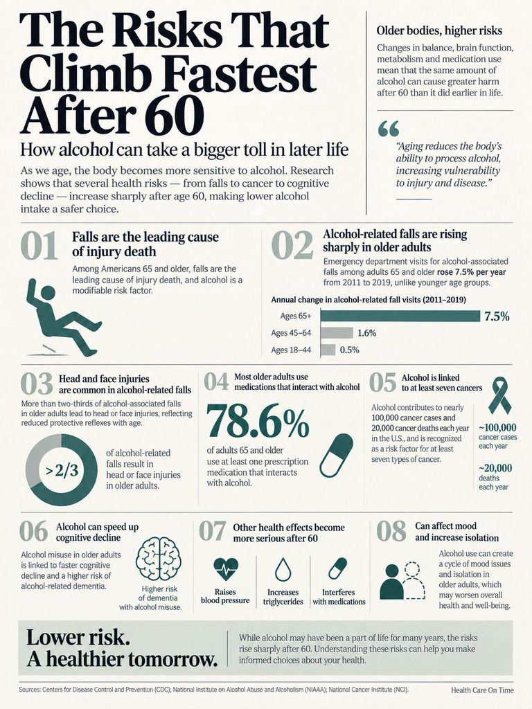 Infographic showing risks of alcohol after age 60, including falls, injuries, and cognitive decline statistics.