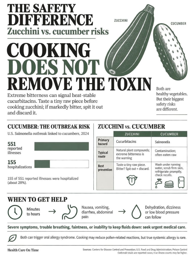 Infographic comparing zucchini and cucumber safety risks, highlighting cooking does not remove toxins and outbreak data.