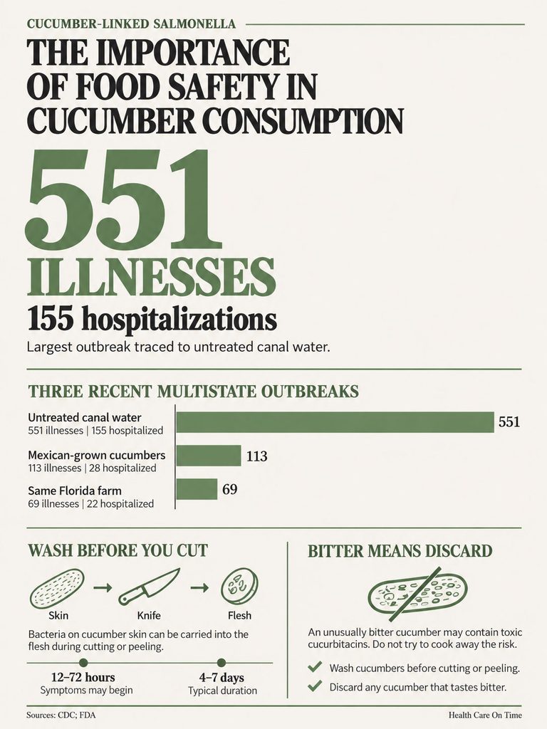 Infographic showing cucumber-linked salmonella statistics, including 551 illnesses and 155 hospitalizations.