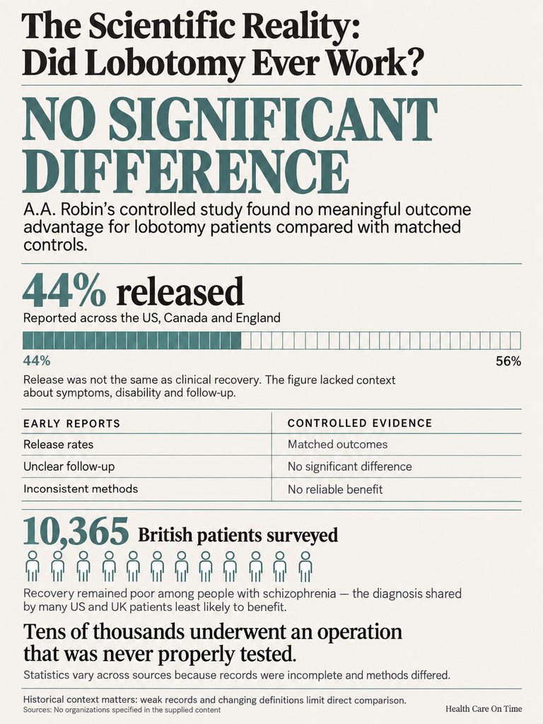 Infographic showing lobotomy study results, highlighting 44% release rate and 10,365 British patients surveyed.