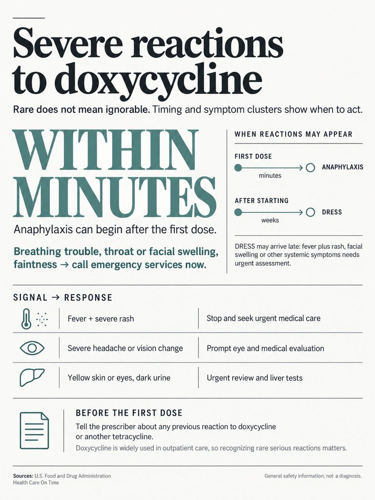 Infographic detailing severe reactions to doxycycline, including symptoms and response actions within minutes.