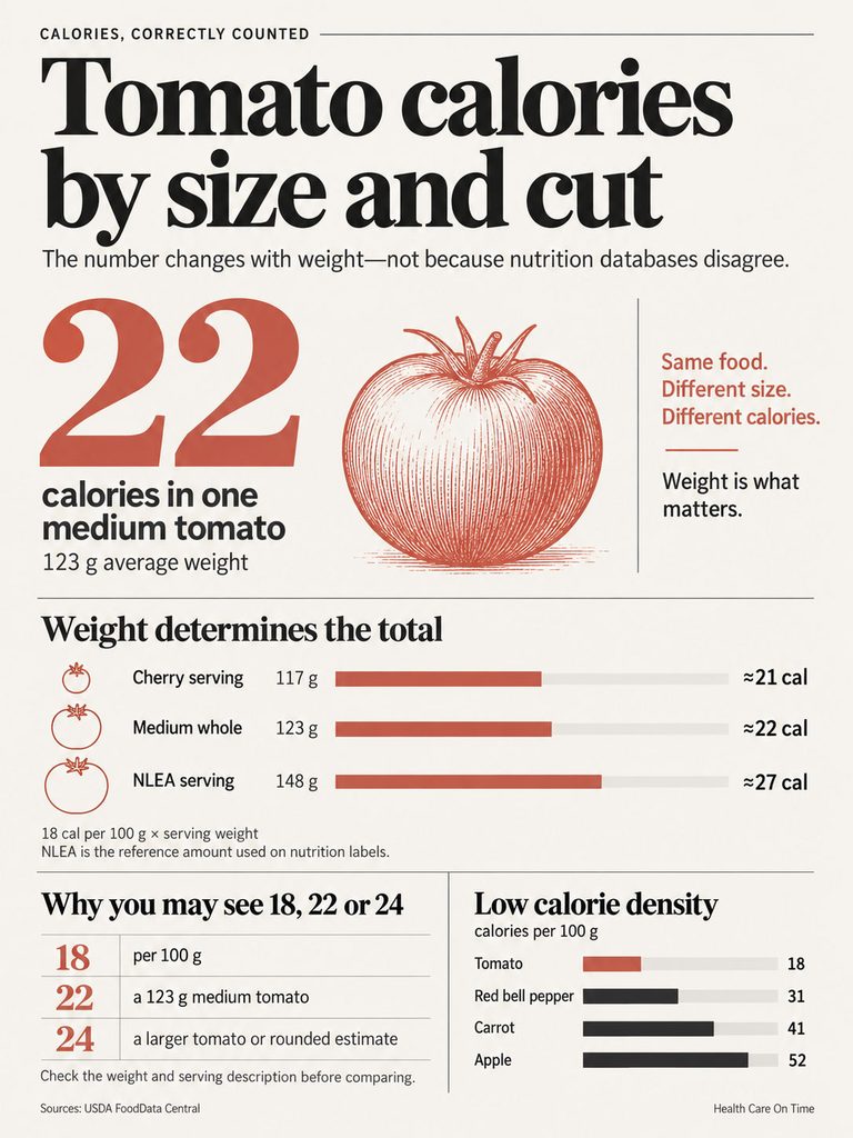 Infographic showing tomato calories by size and cut, highlighting 22 calories in a medium tomato with visuals of different sizes.