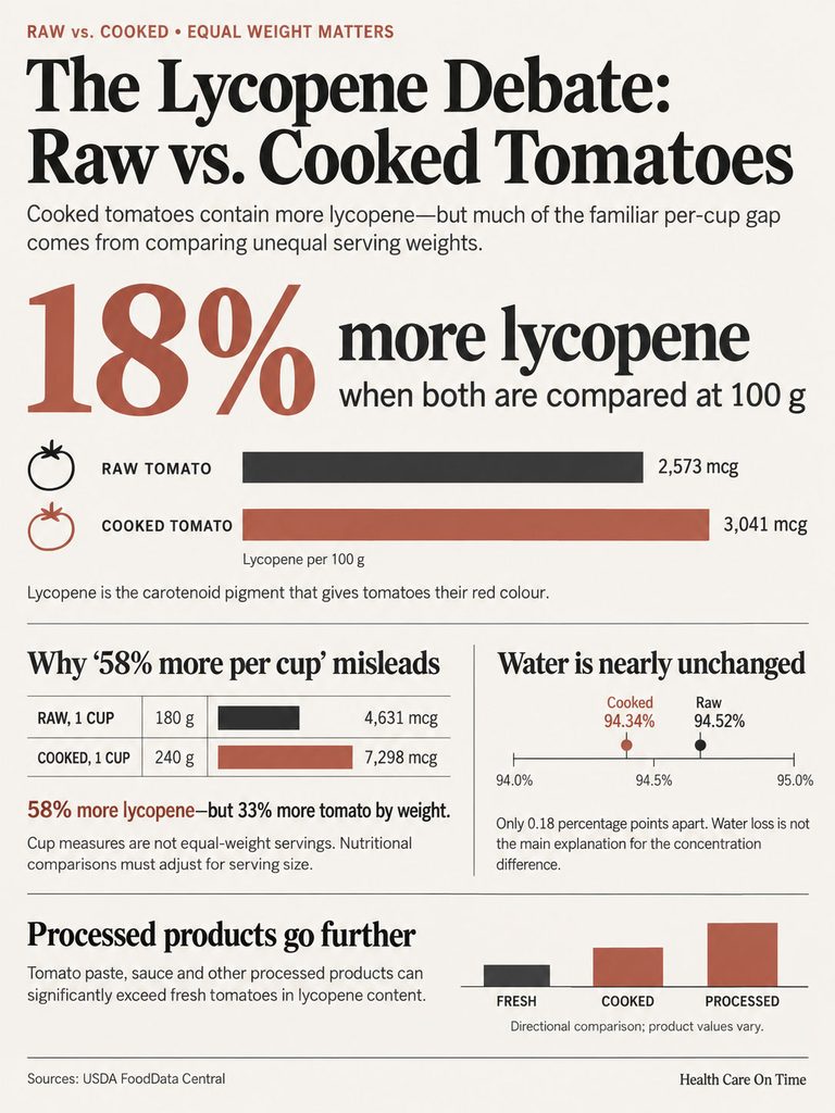 Infographic comparing lycopene content in raw and cooked tomatoes, showing statistics and serving sizes.