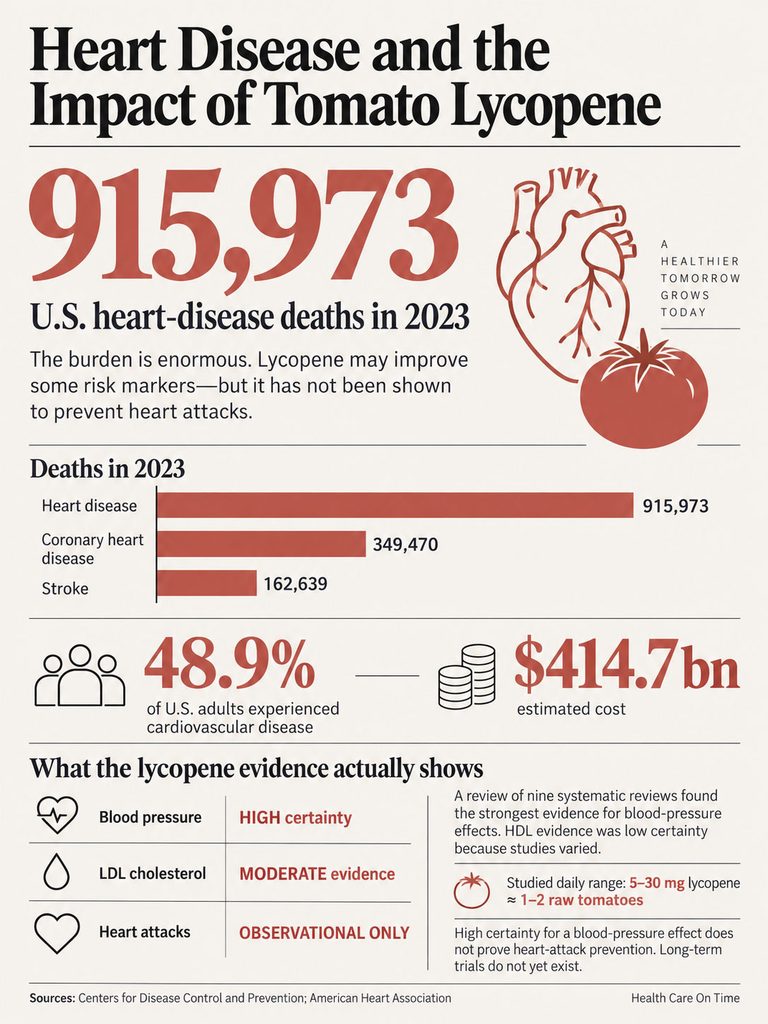 Infographic showing heart disease statistics, lycopene effects, and U.S. deaths in 2023 related to cardiovascular health.