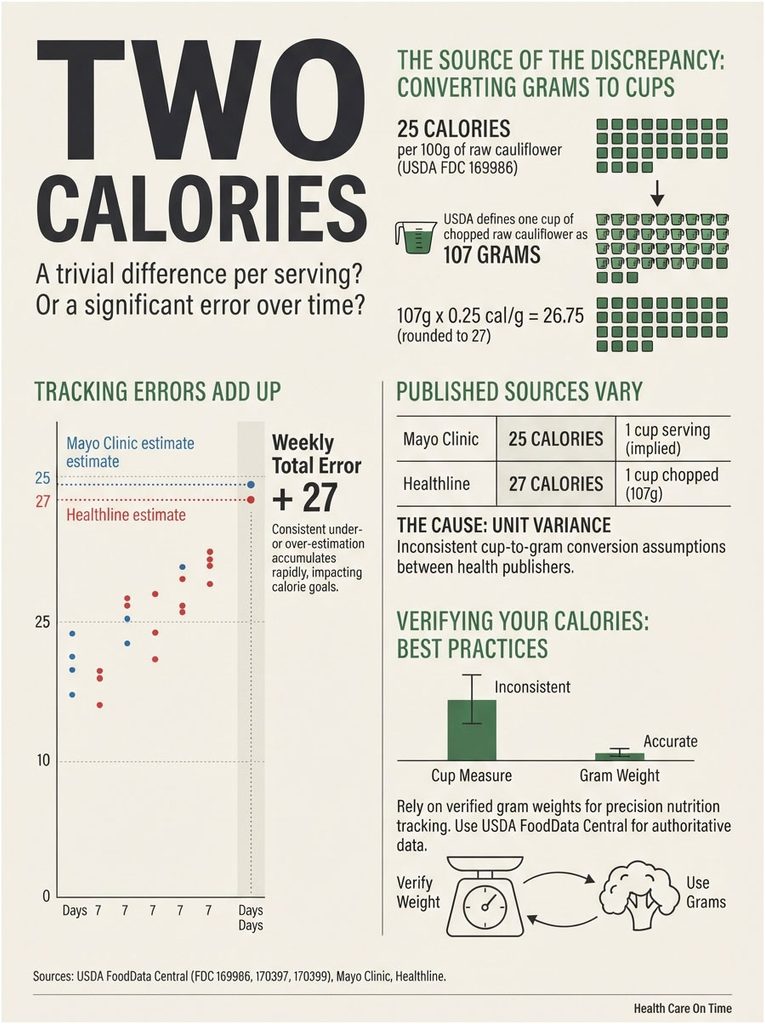 Infographic showing calorie discrepancies in cauliflower, with charts, data points, and best practices for tracking calories.