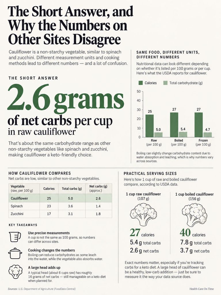 Infographic showing cauliflower's net carbs, calories, and comparisons with spinach and zucchini.