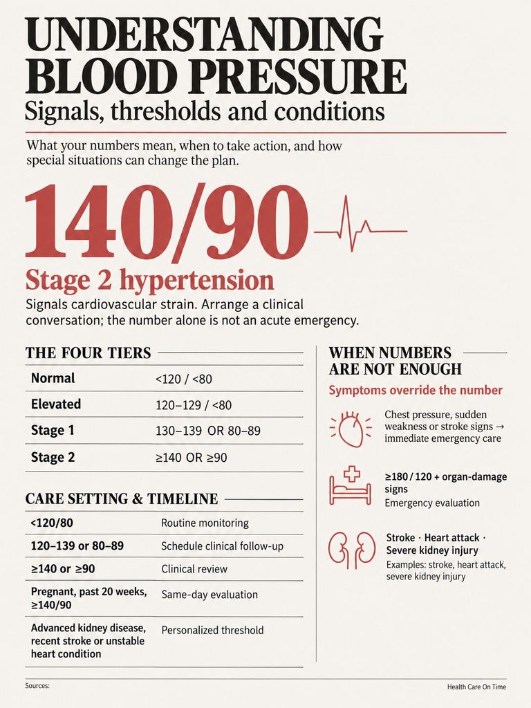 Infographic explaining blood pressure categories, symptoms, and care settings with charts and icons.