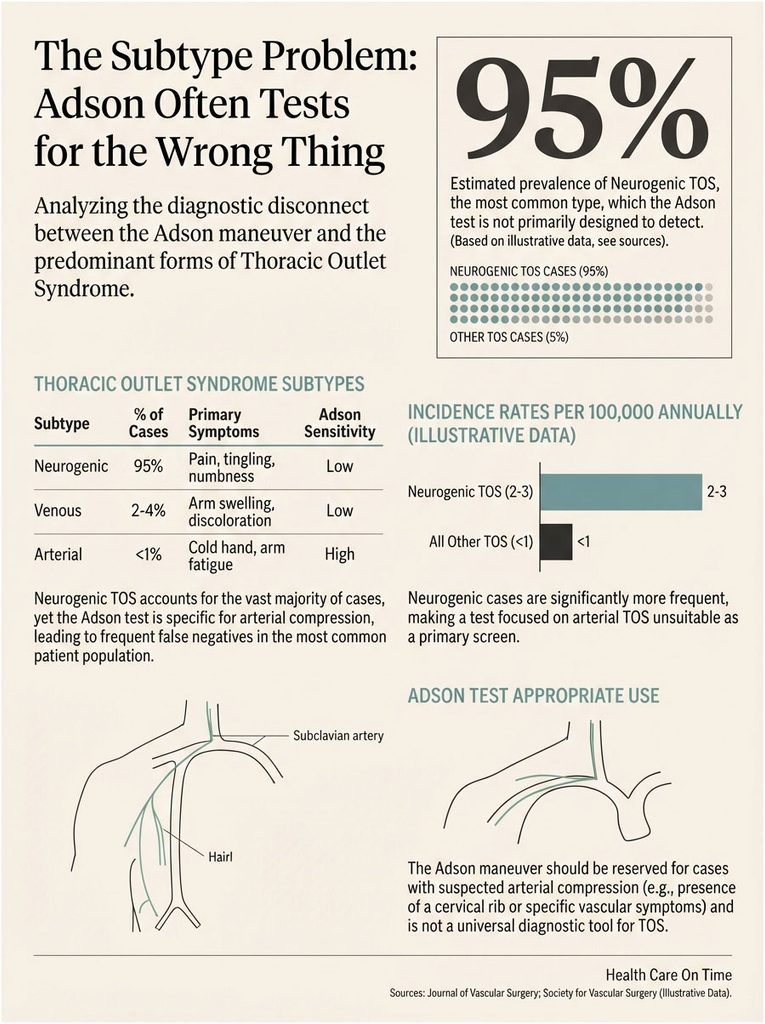 Infographic showing Thoracic Outlet Syndrome subtypes, symptoms, and Adson test sensitivity with charts and illustrations.