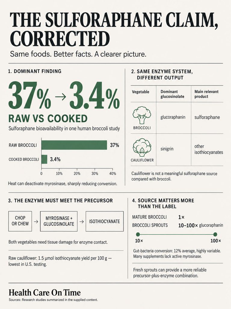 Infographic showing sulforaphane bioavailability in raw vs cooked broccoli, enzyme systems, and vegetable comparisons.