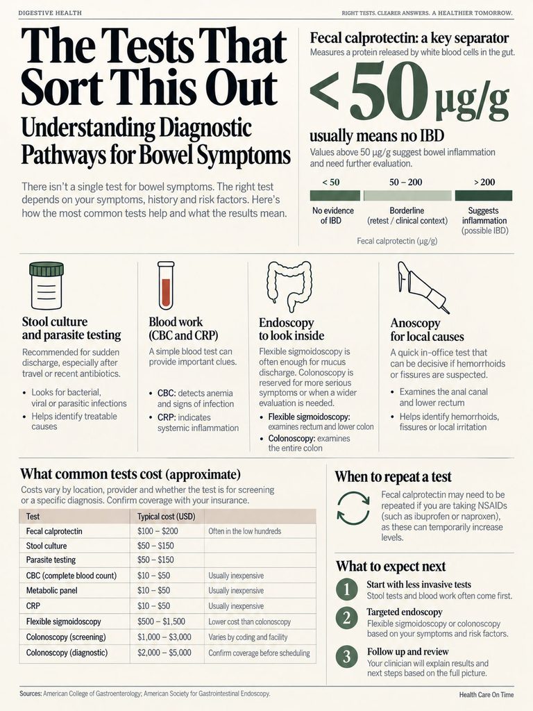 Infographic explaining diagnostic tests for bowel symptoms, including fecal calprotectin and costs of various tests.