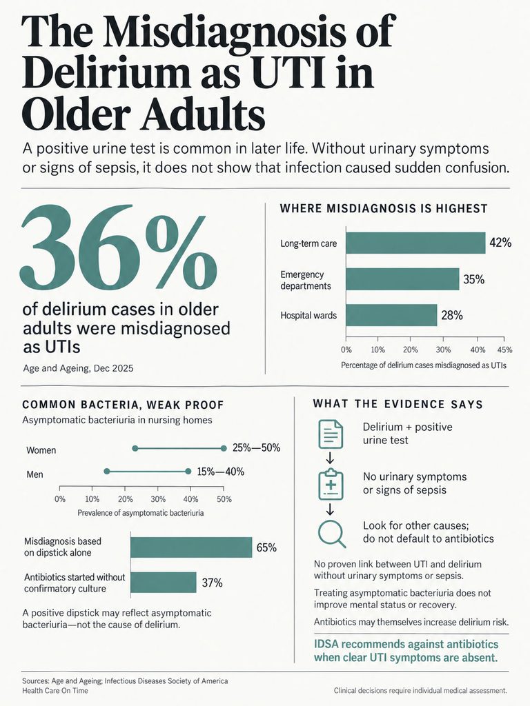 Infographic showing misdiagnosis of delirium as UTI in older adults, with statistics and recommendations on testing and treatment.