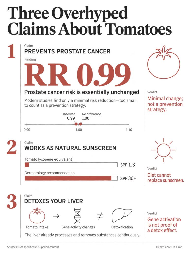 Infographic detailing three claims about tomatoes: prostate cancer prevention, sunscreen effectiveness, and liver detoxification.