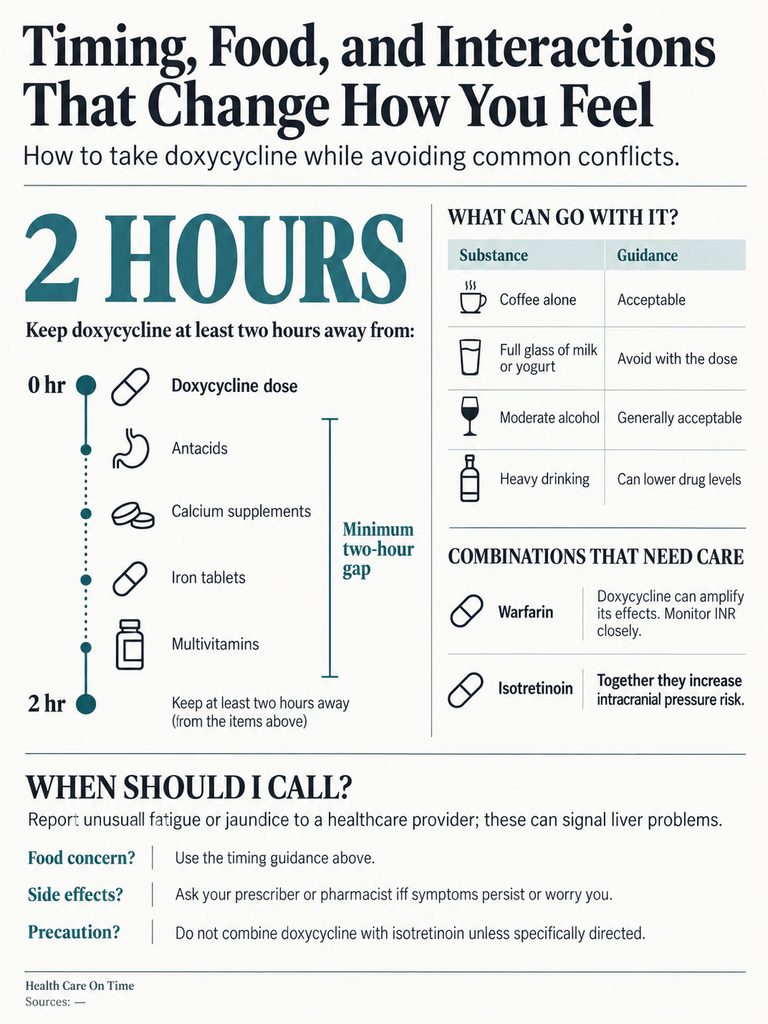 Infographic on doxycycline timing, food interactions, and precautions with charts and guidance.