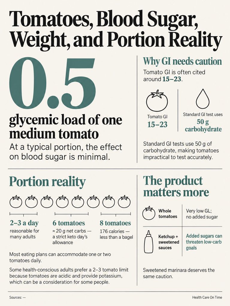 Infographic showing glycemic load of tomatoes, portion recommendations, and product impact on blood sugar levels.