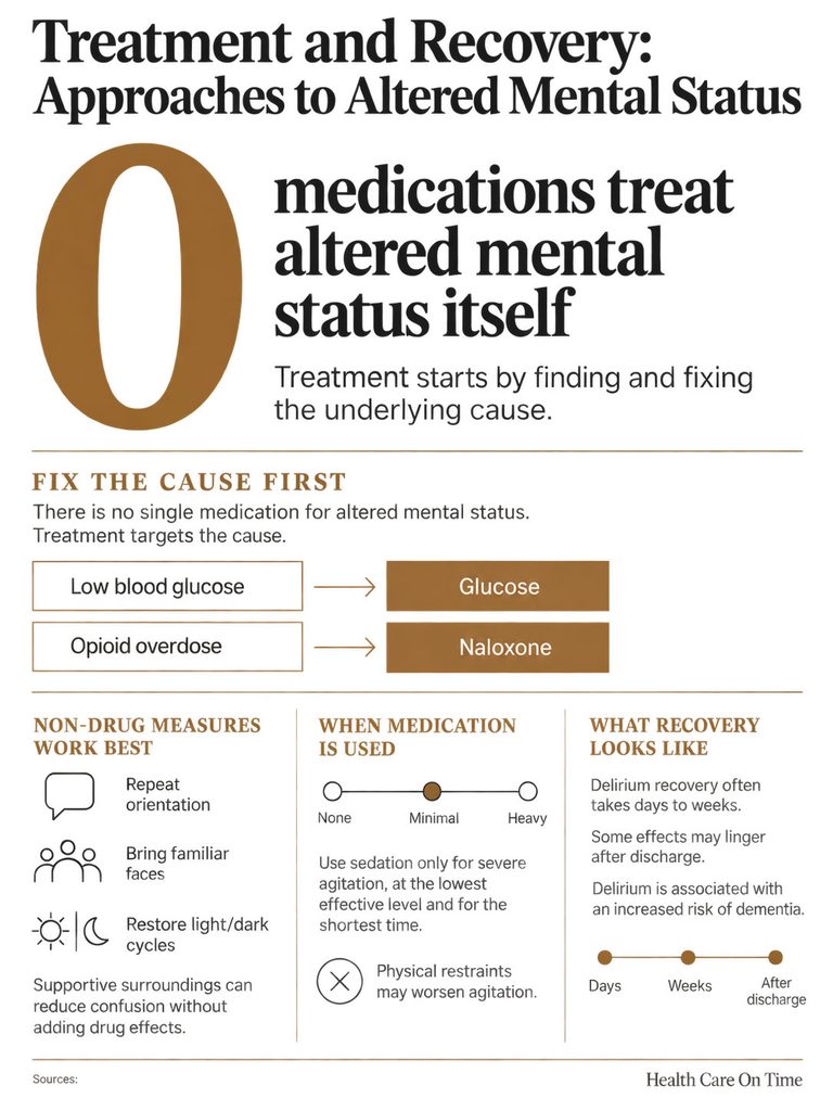 Infographic showing treatment approaches for altered mental status, including medications and non-drug measures.