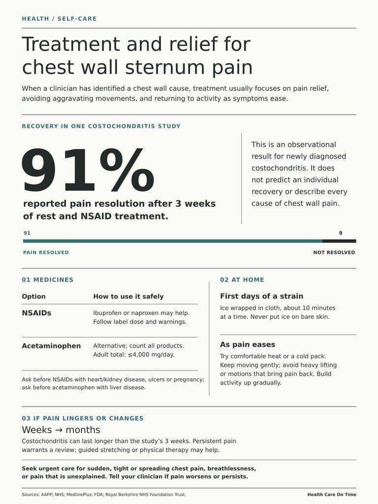 Infographic on chest wall sternum pain treatment, showing recovery statistics and medication guidelines.